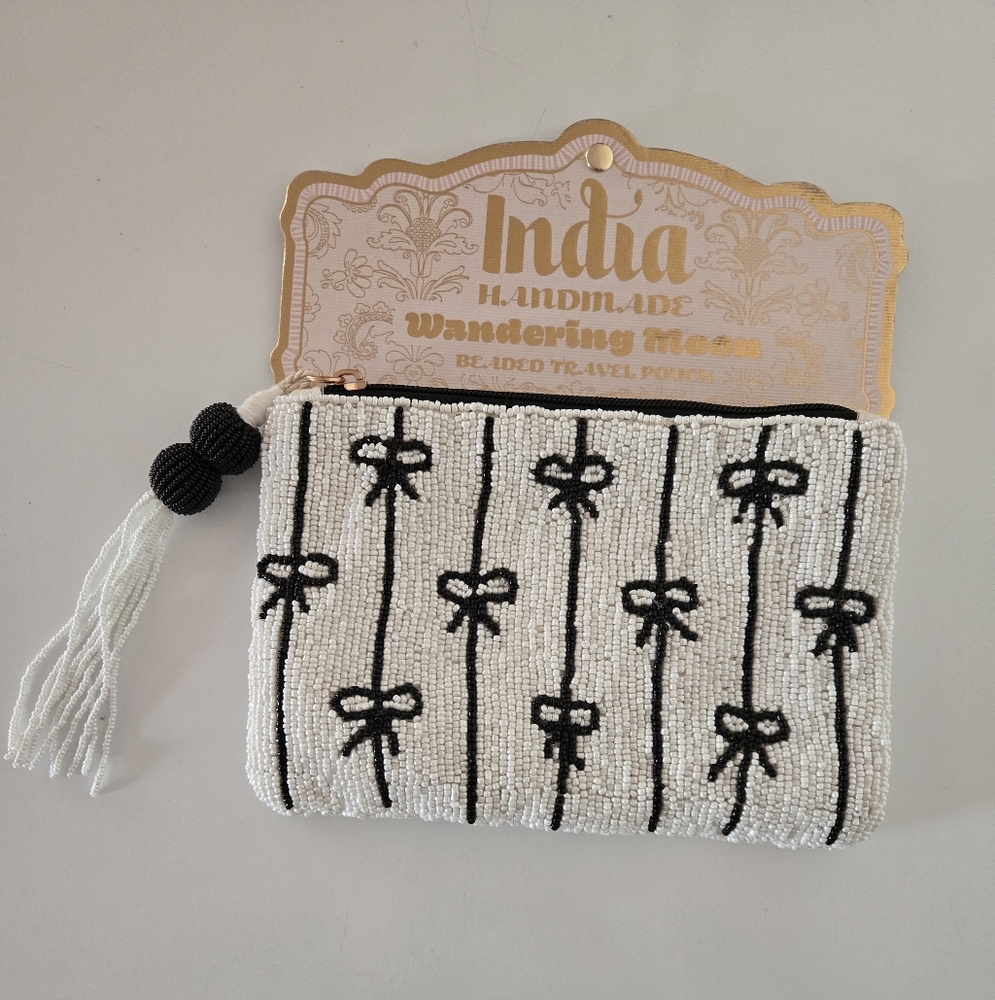Beaded Black And White Pouch With Beaded Tassel